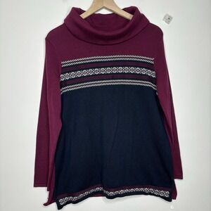 The Tog Shop Fair Isle Sweater‎ Large Classic Maroon Cowl Neck Gray Coastal Prep